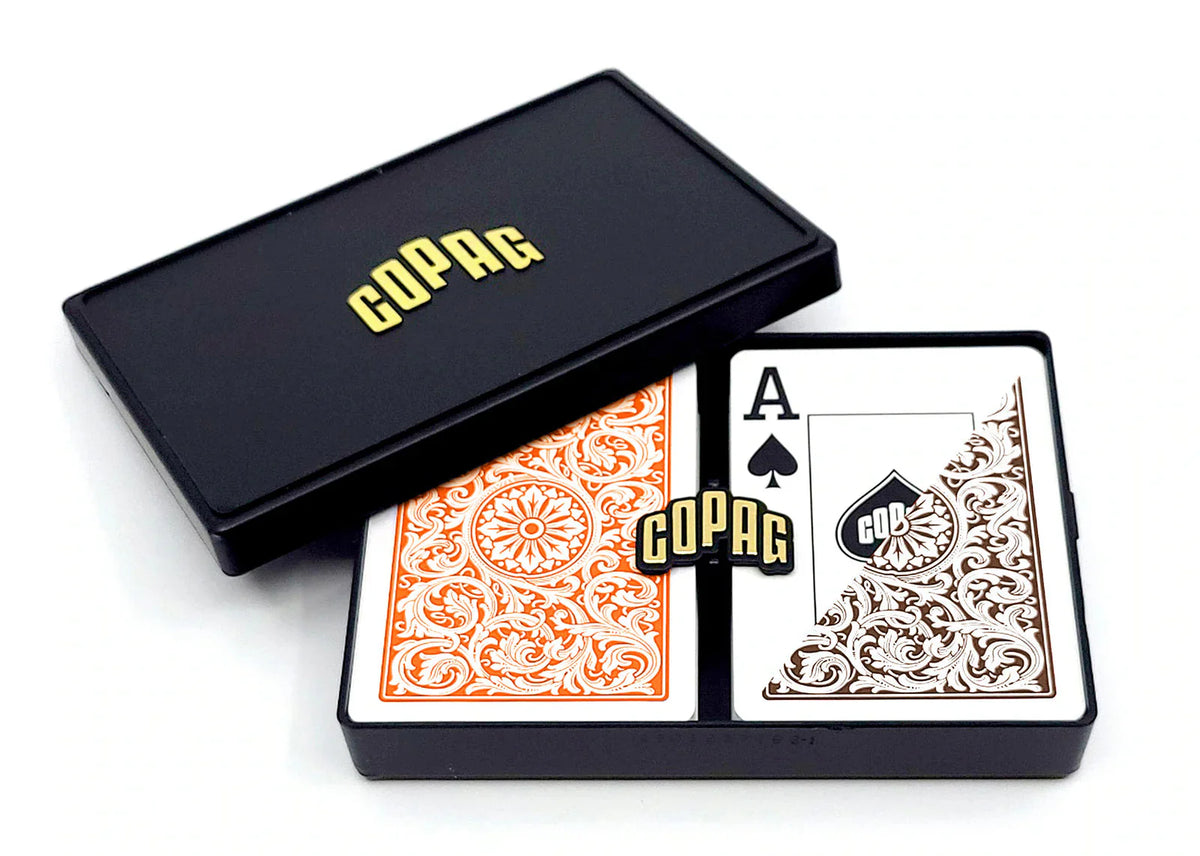 Copag 1546 100% Plastic Playing Cards - Poker Size Jumbo Index Double Deck Set-Orange/Brown-Cartamundi-Ace Cards & Collectibles