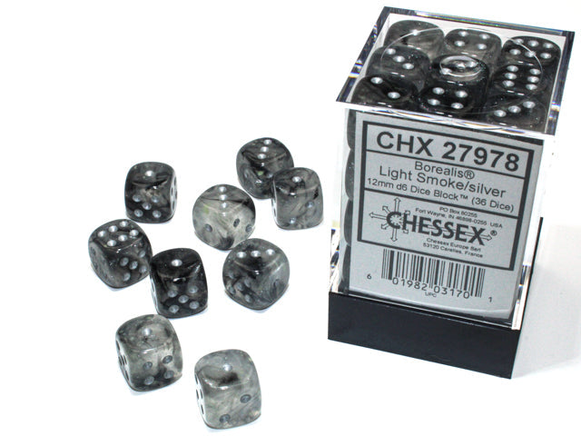 Chessex Dice Borealis Polyhedral 12mm D6 Dice Set-Light Smoke/Silver Luminary-Chessex-Ace Cards &amp; Collectibles