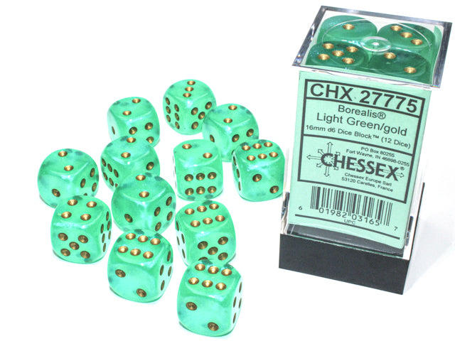 Chessex Dice Borealis Polyhedral 16mm D6 Dice Set-Light Green/Gold-Chessex-Ace Cards &amp; Collectibles