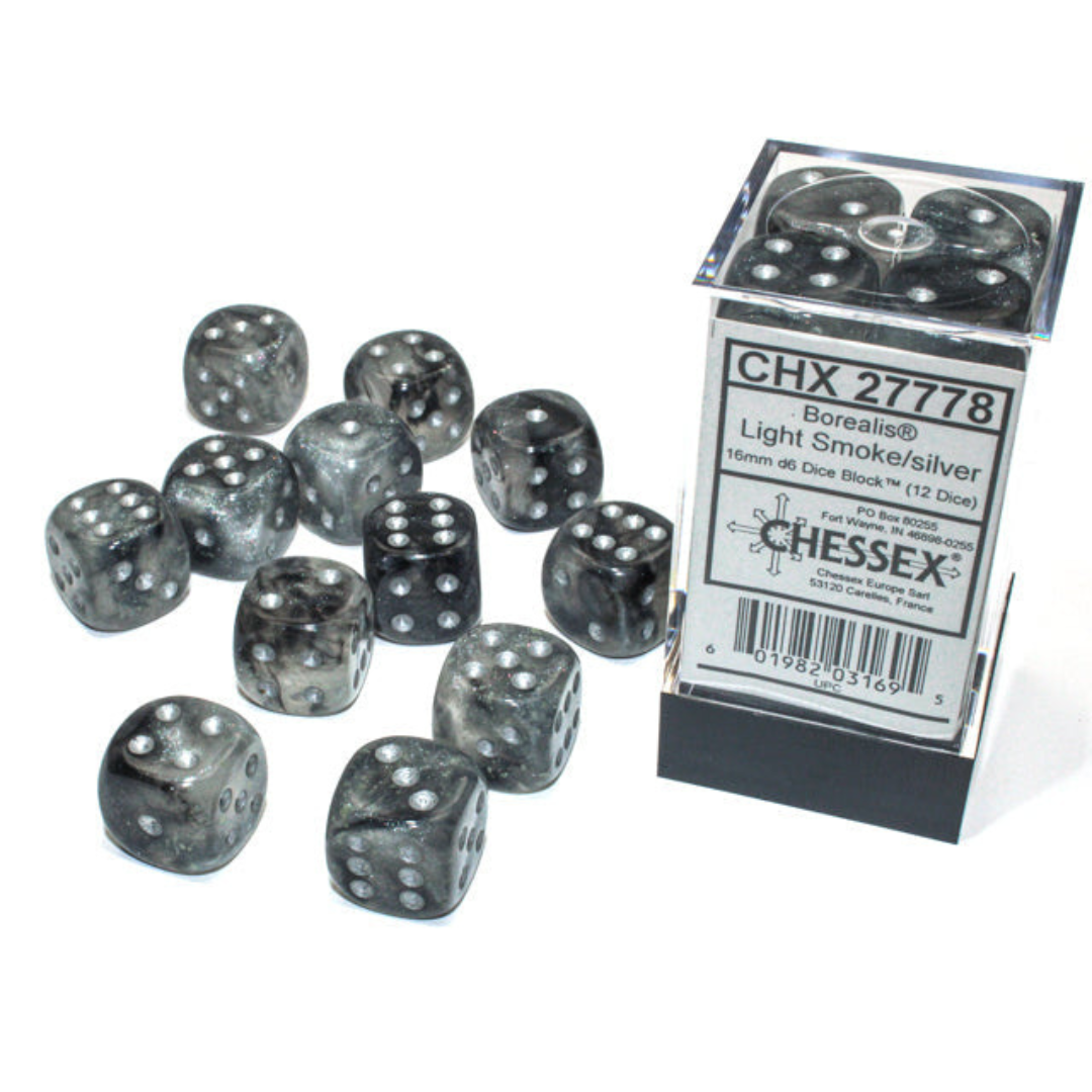 Chessex Dice Borealis Polyhedral 16mm D6 Dice Set-Light Smoke/Silver Luminary-Chessex-Ace Cards &amp; Collectibles