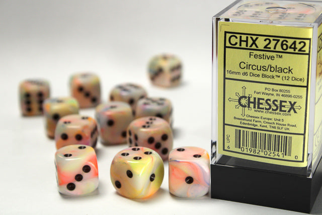 Chessex Dice Festive Polyhedral 16mm D6 Dice Set-Circus/Black-Chessex-Ace Cards &amp; Collectibles