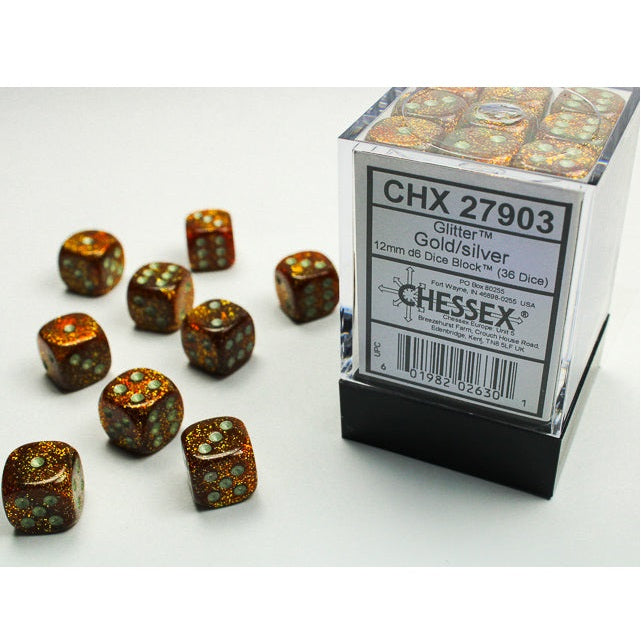 Chessex Dice Glitter Polyhedral 12mm D6 Dice Set-Gold/Silver-Chessex-Ace Cards & Collectibles