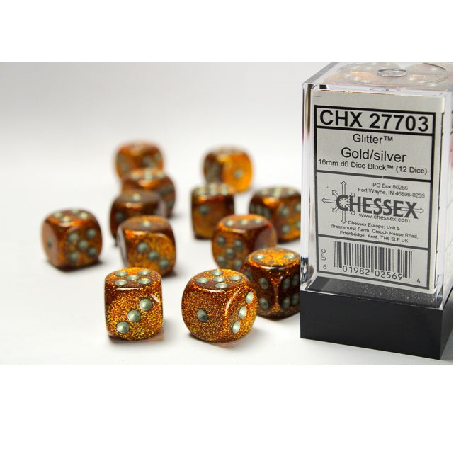 Chessex Dice Glitter Polyhedral 16mm D6 Dice Set-Gold/Silver-Chessex-Ace Cards &amp; Collectibles