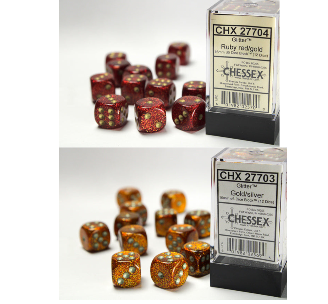 Chessex Dice Glitter Polyhedral 16mm D6 Dice Set-Gold/Silver-Chessex-Ace Cards &amp; Collectibles