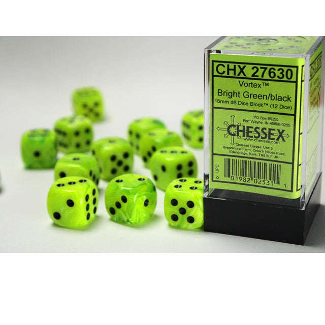 Chessex Dice Vortex Polyhedral 16mm D6 Dice Set-Bright Green/Black-Chessex-Ace Cards & Collectibles