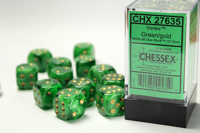 Chessex Dice Vortex Polyhedral 16mm D6 Dice Set-Green/Gold-Chessex-Ace Cards &amp; Collectibles